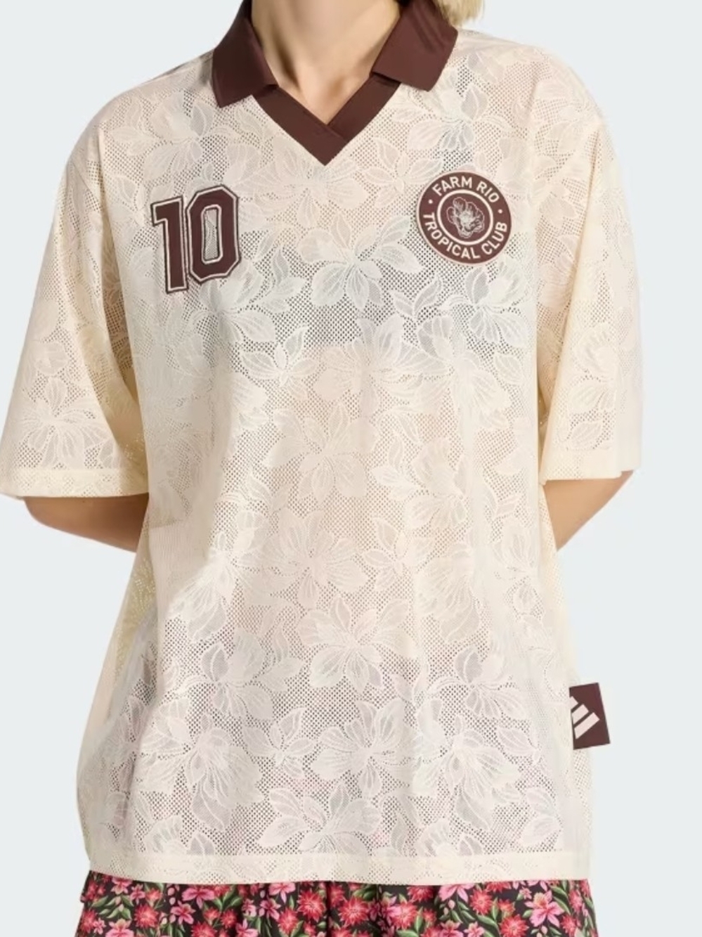 Adidas Women Farm Rio Cream Lace Polo Jersey with Brown Collar